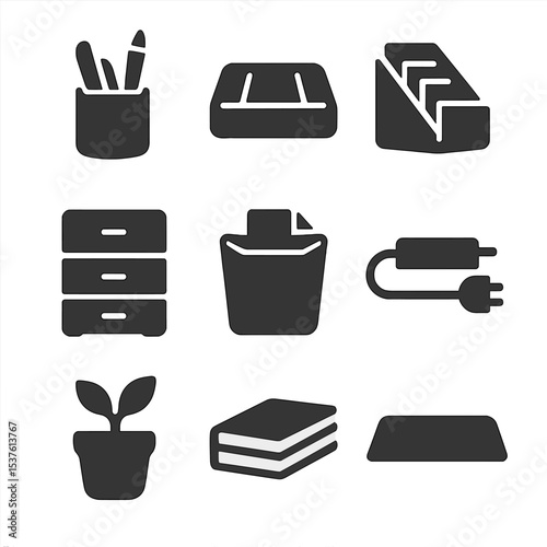 Minimalist Desk Icons. Solid, filled icons set of minimalist desk organization: pen holder, tray divider,