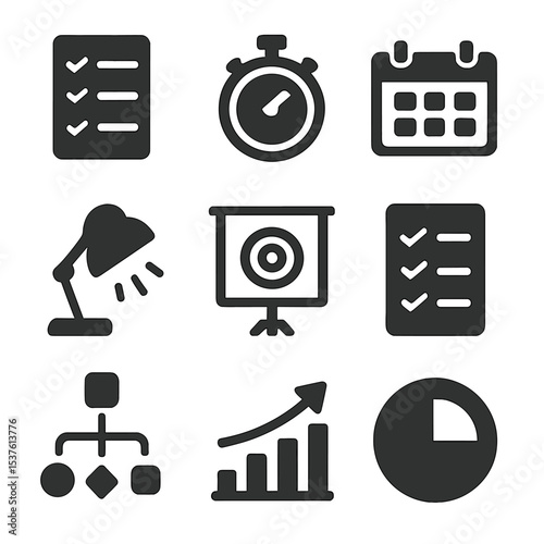 Productivity Icons Set. Solid, filled icons set of productivity at a standing workstation: to-do list, timer