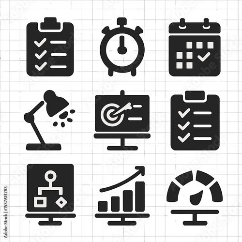 Productivity Icons Set. Solid, filled icons set of productivity at a standing workstation: to-do list, timer