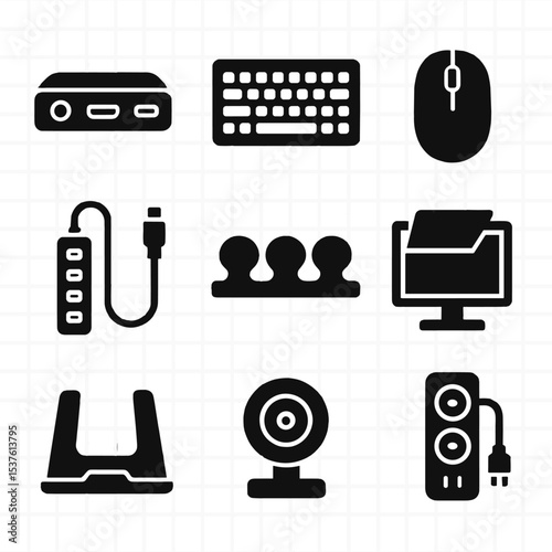 Standing Desk Icons. Solid, filled icons set of tech accessories for standing desks: docking station, wireless