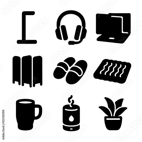 Remote Work Essentials. Solid, filled icons set of remote work comfort upgrades: headphone stand,