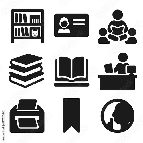 Kids Library Icons. Solid, filled icons set of library visits for kids: bookshelf, library card, story circle,