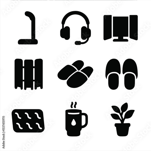 Remote Work Essentials. Solid, filled icons set of remote work comfort upgrades: headphone stand,