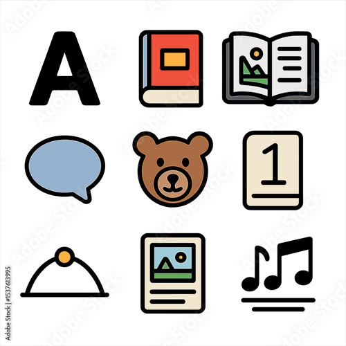 Picture Book Icons. Solid, filled icons set of picture book elements: large font, colorful cover, illustrated