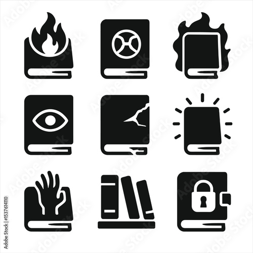 Forbidden Book Icons. Solid, filled icons set of cursed and forbidden books: black flames, cracked seal,