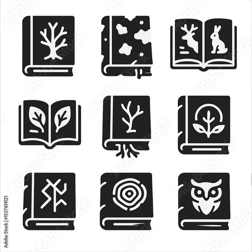 Enchanted Forest Tome Icons. Solid, filled icons set of forest-bound enchanted tomes: tree-carved cover, mossy