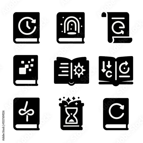 Time-Travel Book Icons. Solid, filled icons set of time-traveling books: spinning clock, time portal, ancient