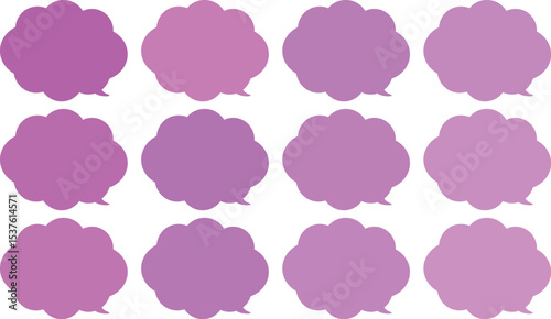 All the bubbles have a distinctive, rounded, cloud-like, or scalloped edge design. This vector image features twelve speech bubbles.