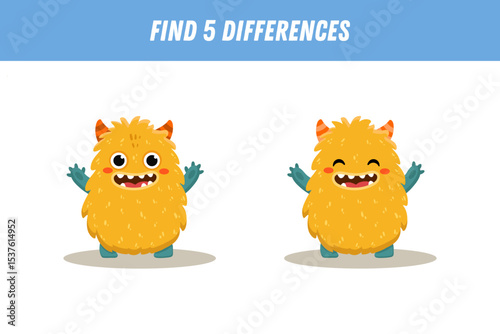 Find 5 differences between two pictures of funny yellow monster. Cute alien. Vector illustration
