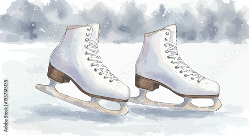 White Figure Skates on a Snowy Winter Background

