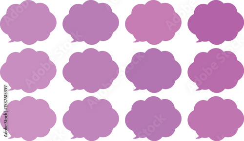 All the bubbles have a distinctive, rounded, cloud-like, or scalloped edge design. This vector image features twelve speech bubbles.
