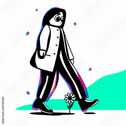 Woman Walking Past Flower, Modern Illustration