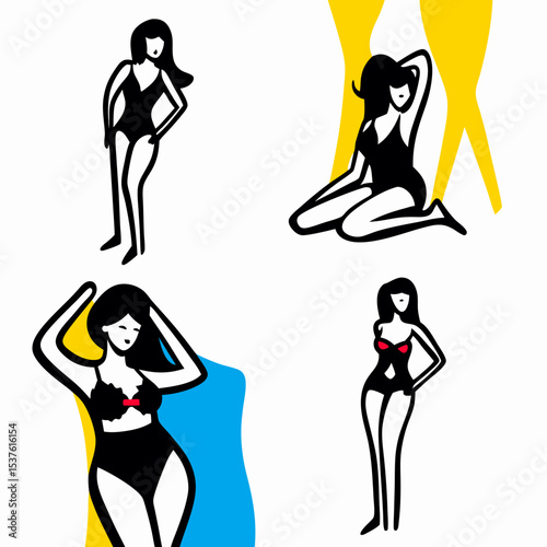 Four Stylish Women in Swimsuits: Retro Fashion Illustration