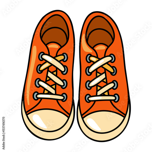 Cartoon casual sneakers in orange with laces and beige toe cap. Trendy canvas sport footwear. Travel and everyday shoes