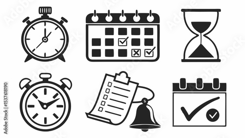 Time Management Icons Clocks, Calendars, Checklists, and Hourglasses
