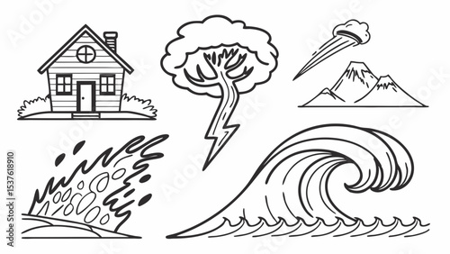 Natural Disaster Icons House, Tree, Lightning, Tsunami, Volcano