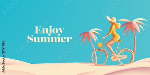 Enjoy the summer. 3D character of a young woman on a bicycle, palm trees on the beach. For concepts of recreation, travel, and active lifestyle. Vector illustration.