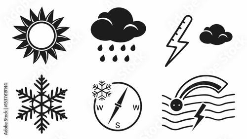 Weather Icons Sun, Rain, Snow, Lightning, Wind, and Compass Illustrations