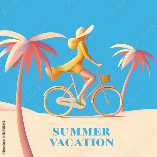 Summer vacation banner. 3D character of a young woman riding a bicycle on the beach, tropical landscape of palm trees. For travel concepts, active lifestyle. Vector illustration.