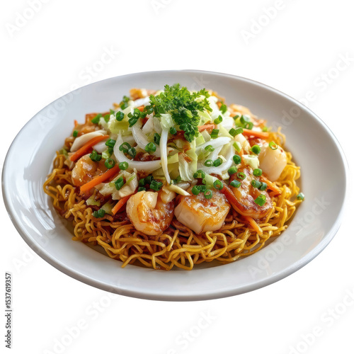 Crispy Fried Noodles with Seafood and Fresh Vegetables Topped with Glossy Sauce