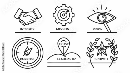 Integrity, Mission, Vision, Purpose, Leadership, Growth Core Values Icons