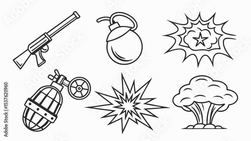 Explosive Weaponry Line Art Illustrations of Bombs and Explosions
