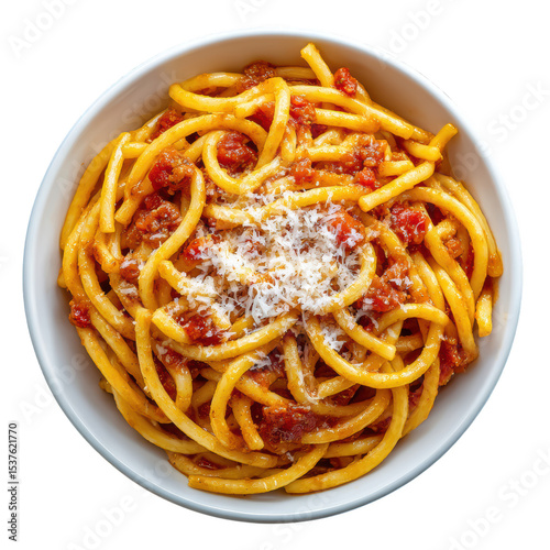 Hand-Rolled Pici Pasta Tossed in Rich Aglione Sauce with Shaved Cheese on Top in Elegant Bowl