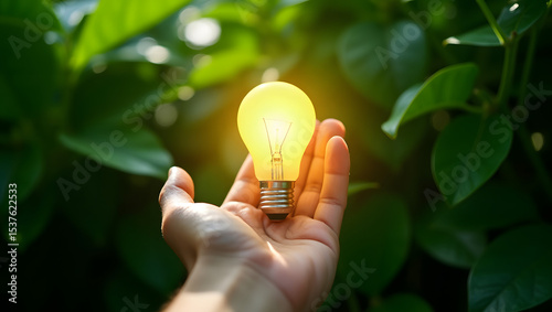 Illuminating Ideas: A hand cradles a glowing lightbulb amidst vibrant green foliage, symbolizing innovation, eco-consciousness, and the power of ideas in harmony with nature.