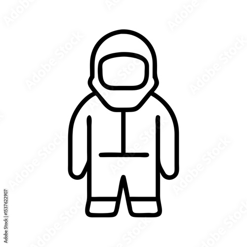 Astronaut in cleanroom suit standing with hands at sides  