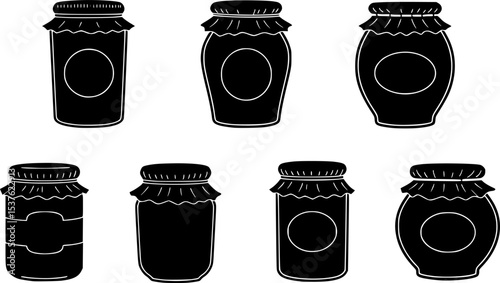 Glass jar icon set. Food storage container symbol. Honey, yogurt, jam, pickle and beans canning jars. Vector illustration.

