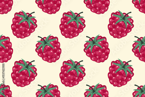 Raspberry Seamless pattern. Berries background. Fruit pattern. Whole Ripe red raspberry with green leaf. Repeatable texture with fresh juicy vitamin. Vector illustration for wallpaper, textile, print