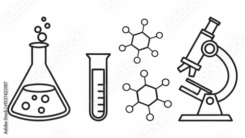 Scientific Research Microscope, Flask, and Test Tube Illustrations