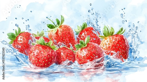 Bright red strawberries splashing into clear water with droplets flying, creating a fresh and vibrant watercolor effect.