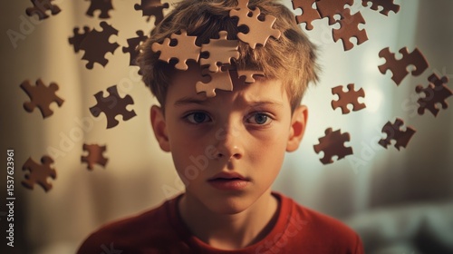 child with puzzle pieces floating around his head, some pieces missing, surreal symbolism of confusion generative ai