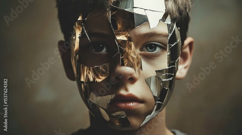 A boy with mirrored surfaces instead of a face, reflecting chaotic scenes, representing identity crisis generative ai