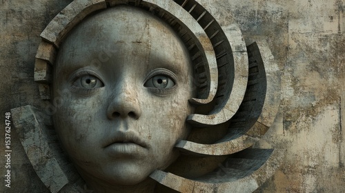 A child's face with a spiral staircase in place of facial features, symbolizing mental loops generative ai