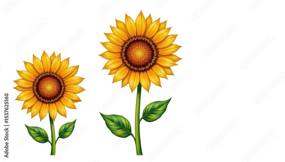 Obraz premium Vibrant Sunflowers with Green Leaves on a Transparent Background for Floral Illustrations and Designs
