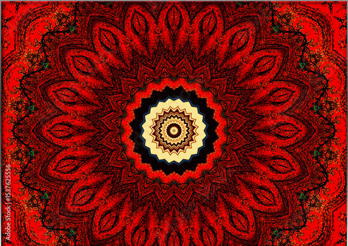 A vibrant mandala pattern radiates from the center, featuring intricate red and black designs with a symmetrical floral motif. The repetitive structures create a mesmerizing and hypnotic effect.