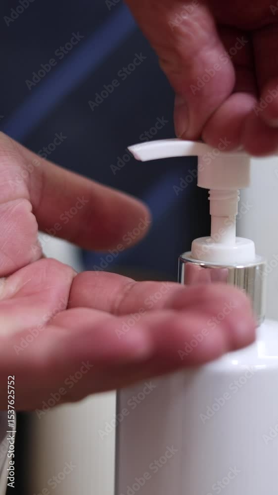 Vertical defocused video with selective focus. Male hands close up squeeze pink liquid soap from white dispenser in hotel bath room. Concept of relax, rest, travel, tourism, trip, check in, hygiene Vertical defocused video with selective focus. Male hands close up squeeze pink liquid soap from white dispenser in hotel bath room. Concept of relax, rest, travel, tourism, trip, check in, hygiene