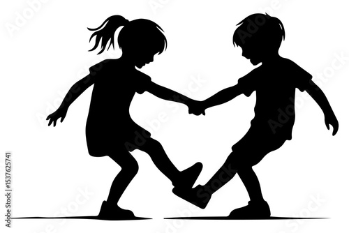 Black and white silhouette of a little boy and girl dancing with each other on a white isolated background. Vector graphics. EPS.

