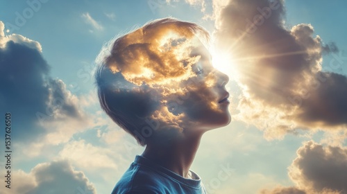 Boy holding his own transparent head filled with clouds, concept: dreamer, floating thoughts generative ai