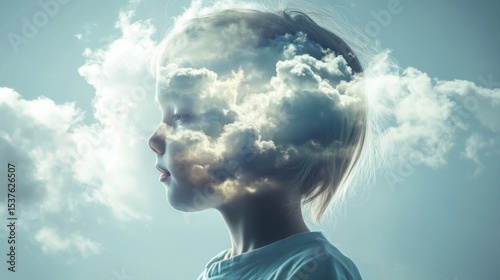 Boy holding his own transparent head filled with clouds, concept: dreamer, floating thoughts generative ai
