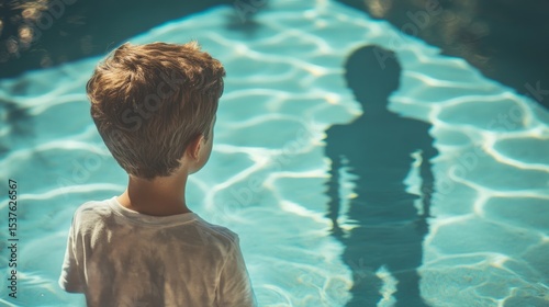 Boy looking into a pool and seeing a different version of himself, surreal identity confusion generative ai