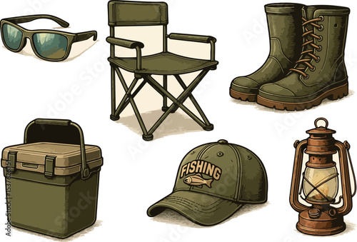 Fishing and camping gear still life on a plain background
