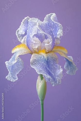 A close-up of an iris flower, with blue petals, yellow edges, and white stamens on top, against a purple background
