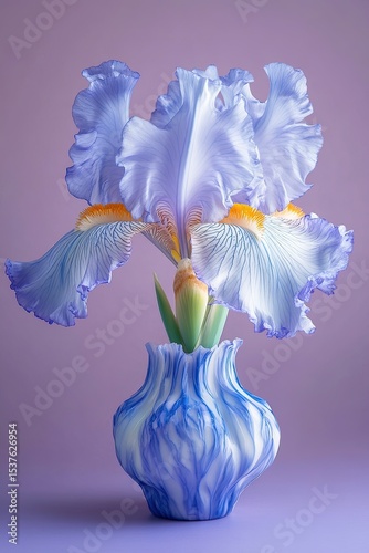 A close-up of an iris flower, with blue petals, yellow edges, and white stamens on top