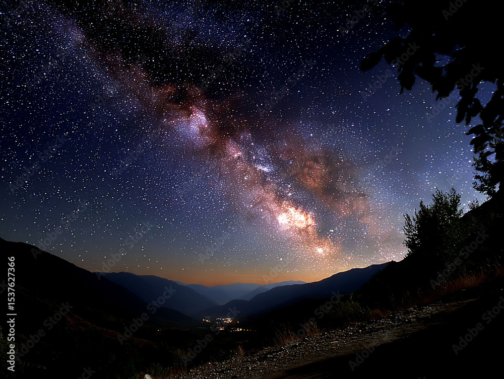 Naklejka premium Celestial river flows over mountain silhouettes