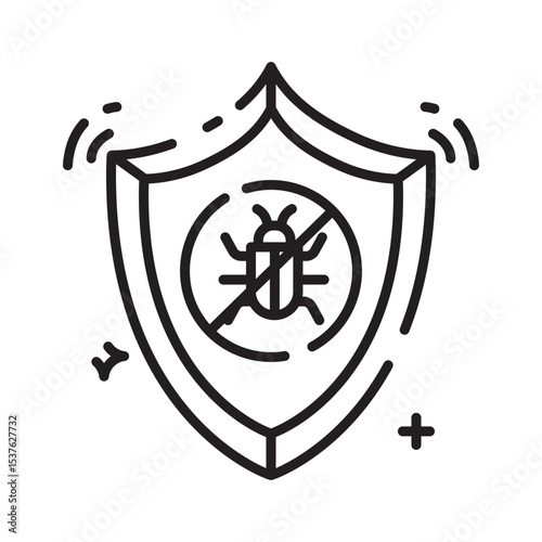 Clean line icon of antivirus shield crossing out a bug, ideal for malware protection graphics, system utilities, or software icons.