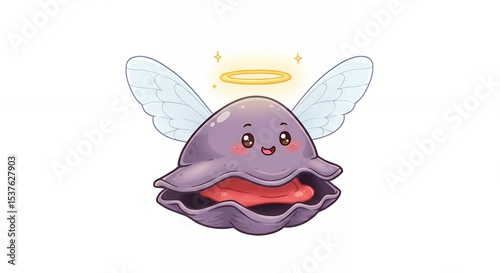 Cute cartoon clam character with wings and halo