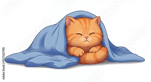 Cute cartoon cat wrapped in blue blanket